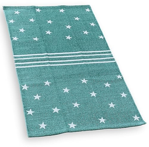 MIJOMA Webteppich aus 100% Baumwolle – mit Sternenmotiv, 120x70cm, Handgefertigt in Indien – Stilvolles und modernes Accessoire für den Wohnbereich – Qualität aus natürlichen Materialien, Grün