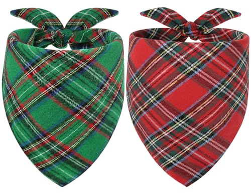 Vivifying Lot de 2 bandanas de Noël triangulaires réglables avec carreaux pour chiens de petite, moyenne et grande taille (vert et rouge)