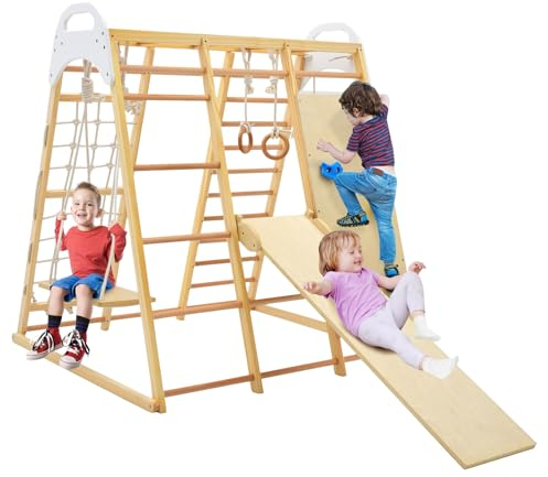 Set triangolo da arrampicata LIFEZEAL 8 in 1 per interni, struttura da arrampicata con scivolo in legno, Scala da arrampicata Altalena e Rocce da arrampicata, giochi per bambini da 3 anni (naturali)