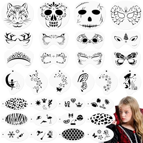 OOTSR Template - 30 Face Paint Stencils for Kids/Adults, Body Painting Templates for Party/Halloween Makeup Art, Reusable Stencils in 4 Sizes, Various Styles