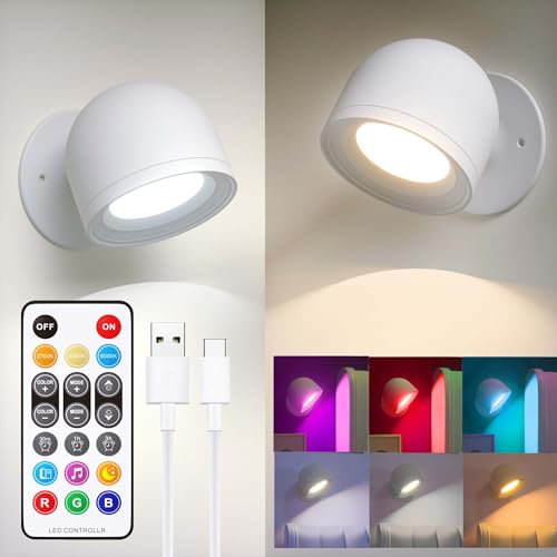 2PCS Rechargeable Wall Lights Indoor, RGBCW Battery Operated Wall Lamp with Remote and Touch Control, Dimmable Wireless Cordless Wall Sconces for Bedroom Bedside Reading Living Room Picture (White)