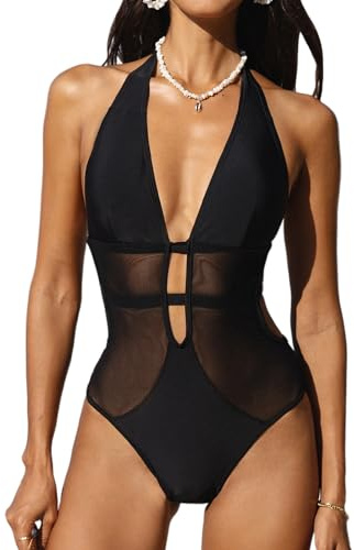 CUPSHE Maillot de bain une pièce pour femme Costume de bain Décolleté en V profond Dos nu Bretelle en maille, Noir , L
