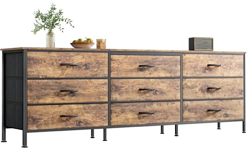 Huuger 63 Inch Dresser for Bedroom, Dresser for Closet with 9 Fabric Drawers, Large TV Stand for 55, 65, 70 Inch TV, Entertainment Center with Storage, Wide Long Chest of Drawers, Rustic Brown