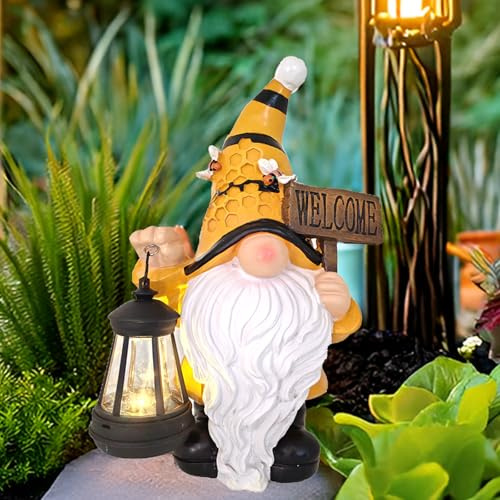 Maikall Rish Gnome Garden Statues with Solar Lights Outdoor Gnomes Sculpture Yard Patio Decor for Lawn Ornaments Gardening Gifts（Bee Gnome