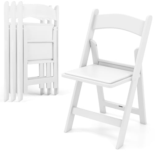 COSTWAY 4 Pack Resin Folding Chairs, 500KG Static Load Dining Chairs with Padded Seat Cushion and Backrest, Indoor Outdoor Waterproof Foldable Chair for Wedding Party Event (White)