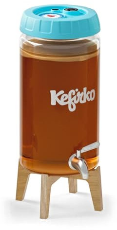 Kefirko Kombucha Fermentation Kit | Home Brewing Glass Jar, Lid, Filters, Fermentation Clock & Recipe Book, 4Litre (Blue)