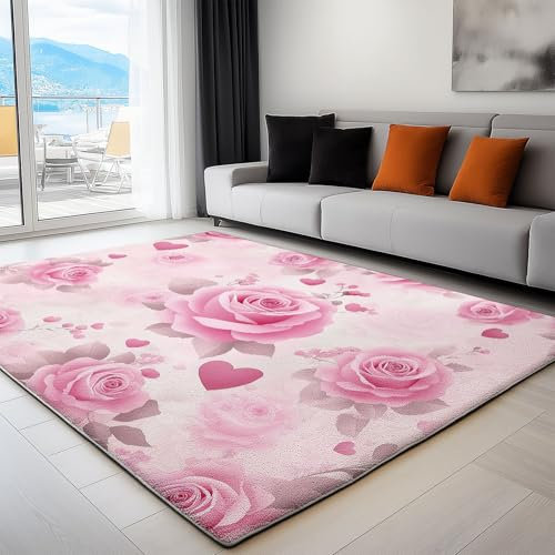 Teppich Rosa Kurzflor Teppich, Anti-Rutsch Unterseite 60 x 110 cm Wohnzimmer Schlafzimmer Korridor Teppich Rutschfester Teppich Waschbar Leicht zu Reinigen Pflanzen Rosen Blumen