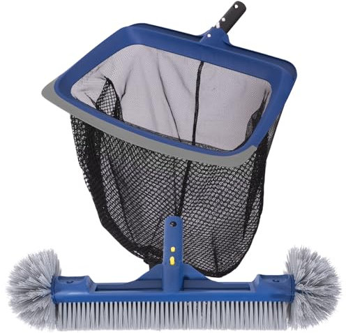 POOLAZA Set di pulizia per piscina, a maglia fine e spazzola per piscina con estremità rotonde per la pulizia, rete per piscina con telaio robusto e spazzola da 45 cm con manico integrato, adatto per