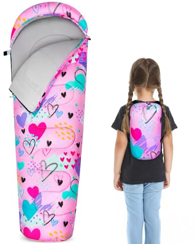 MHJY Kids Sleeping Bag for Girls Boys 3 Season Warm & Cool Weather Youth with Backpacking Bag Waterproof for Traveling Hiking Outdoor Camping Essentials