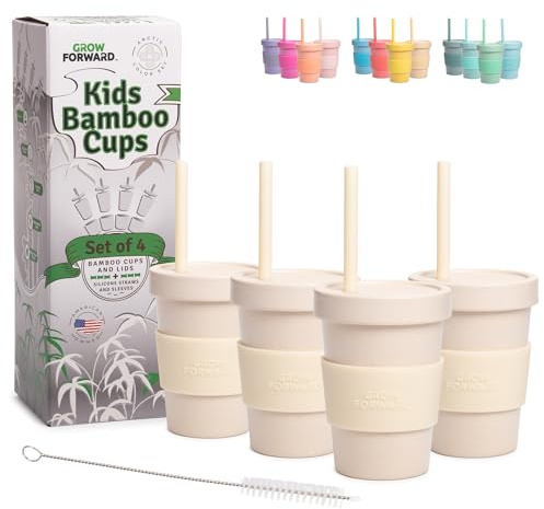 Grow Forward Bamboo Kids Cups with Lids and Straws - 10oz Drinking Cups for Kids with Childproof Twist Lids & Silicone Straws - Eco Friendly, BPA Free, Non Toxic & Dishwasher Safe - Arctic
