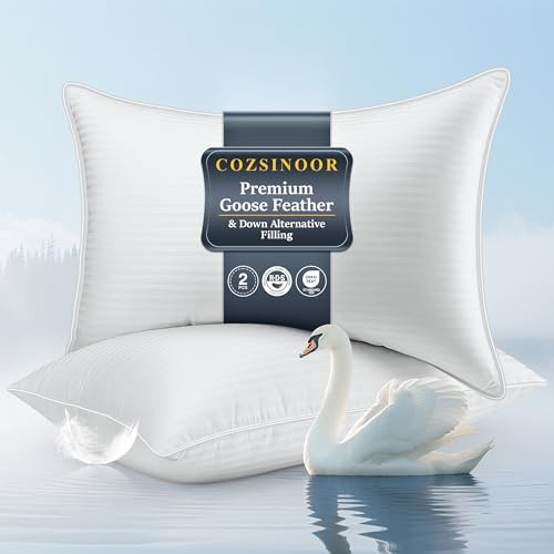 COZSINOOR Goose Feather Pillows Queen Size Set of 2 - Hotel Down Bed Pillow for Sleeping, Soft 600 TC Cotton Cover, Fluffy Support Surround Fill Down Alternative for Back, Stomach, Side Sleepers