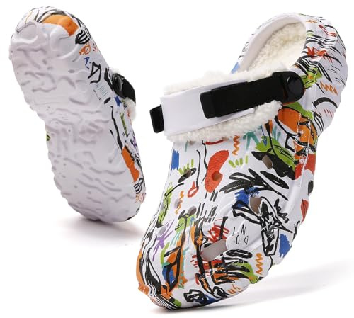 FRTUBOP Zoccoli imbottiti da donna e uomo invernali impermeabili da giardino con pelliccia calda pantofole antiscivolo in peluche, bianco, 42 EU