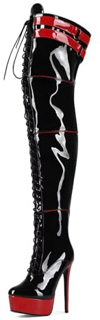 Frankie Hsu Stiiletto - Stivali lunghi sopra il ginocchio, con plateau, con lacci, regolabili in vernice nera e rossa, taglia 38-50, per donne e uomini, nero, 46 EU