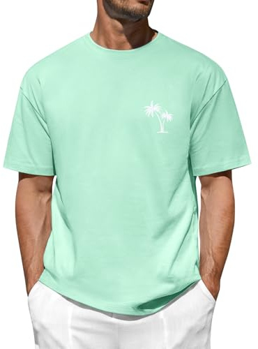 TOMEEK Camisetas Manga Corta Hombre Tallas Grandes T-Shirt Algodón Verano Cuello Redondo Camiseta Hombre Estampado de Palmeras Classics Basica Tshirt(Verde,S)