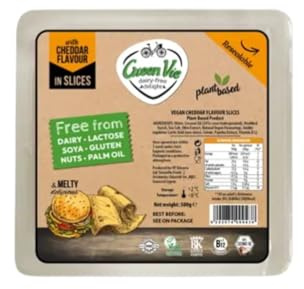 GreenVie Cheddar Slices • 500g | 25 Vegan Cheese Slices | Cheddar-Style Alternative • Melts Easily • Vitamin B12 • Free from 14 Allergens • No Palm Oil or Preservatives
