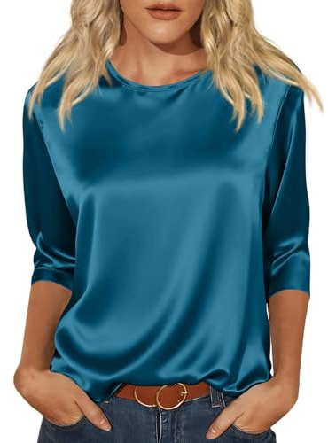 Satin Shirt Women UK 3/4 Sleeve Party Tops for Women Crew Neck Elegant Silk Blouses UK Casual Tee Green XXL 12