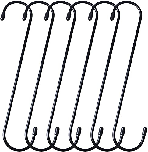 Baoswi 6 Pack Extra Long S Shaped Hooks - 25cm X-Large Heavy Duty Black Hooks for Hanging Plants, Closet, Flowers, Baskets, Patio & Indoor/Outdoor Use