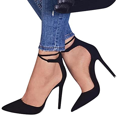 ticticlily Damen Stiletto Pumps Spitz Schuhe Geschlossen Schnürsenkel Wildleder Sandalen High Heels Abendschuhe A Schwarz 38 EU