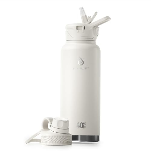 IDEUS Insulated Stainless Steel Water Bottle with 2 Leak-Proof Lids, Thermal Water Flask for Hiking Biking, 40oz, White