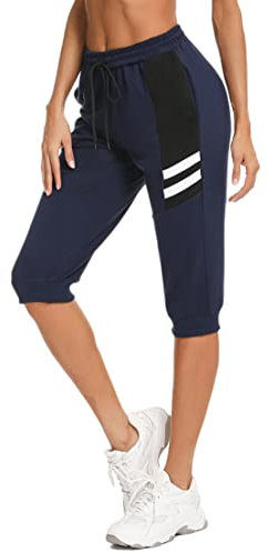 Terecey Jogginghose Damen 3/4 Baumwolle Sommer Kurze Sport Hosen Trainingshose Knielange mit Taschen Caprihose Dreiviertel Freizeithose Sweathose für Jogger Frauen, Navy Blau L