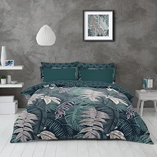 Super Dreamer Tropical Leaves Pattern Complete Bedding Set-Polycotton Double Size Duvet Cover,Fitted Sheets with Pillowcases- Reversible Palm Leaf Bedding