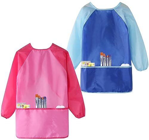 BOOSHMall 2 Stück Malschürze Kinder, Wasserdichte Malkittel 8-10 Jahre Mit Ärmeln und 3 Taschen, für Kunst Basteln Malerei Kochen Backen Essen, Blau & Rot