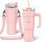 MOMSIV 40oz Tumbler with Handle and Straw, Large Capacity 1100ml Stainless Steel Leakproof Coffee Cup, Insulated Vacuum Double Wall Travel Mug Water Bottle for Hot Iced Drink - Pink with Cup Holder