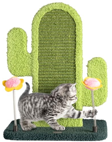Happy & Polly Sisal Griffoir pour Chat - Planche à Gratter Double Face de 39 cm de Haut pour Chatons avec Planche de Massage en Silicone et 2 Cloches Fleuries pour Petits/Moyens Chats