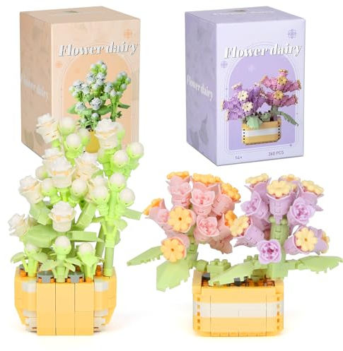 FINEASY 2er-Blumenstrauß-Set, Blumen Bausteine Klemmbausteine Sukkulenten Bonsai Baum Set Mini künstliche Blumen Bauspielzeugsets Botanische Sammlung Heimdekoration für Jungen Mädchen (Satz 1)