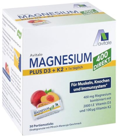 Magnesium 400+D3+K2 Direktsticks Pfirsich-Maracuja-Geschmack 50X2.5 g
