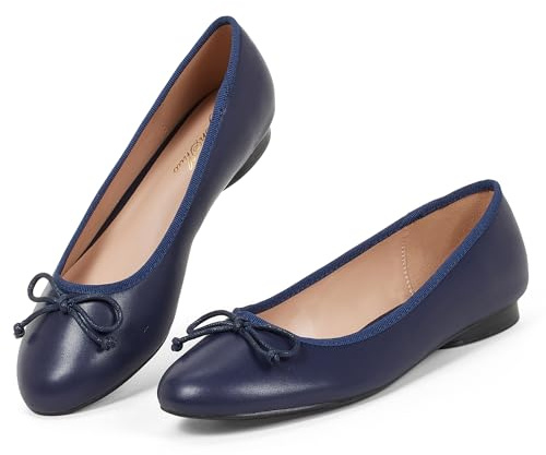 GENSHUO Women's Ballerina Shoes, Flat Slip-On Round Head, Classic Basic Style with Bow Decoration, Comfortable Casual Shoes, Navy Blue, 8 UK