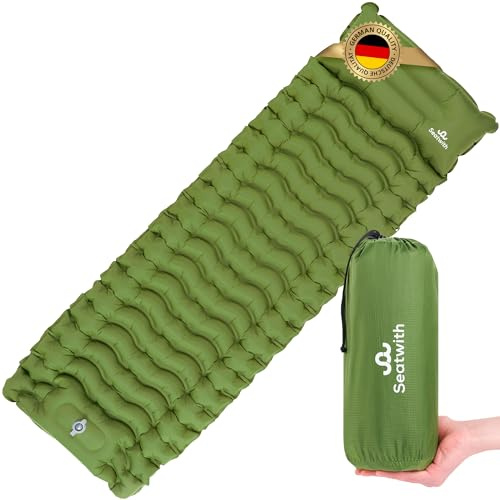SEATWITH Colchoneta Camping autoinflable 200 x 70cm con Almohada integrada - Esterilla Camping para Dormir al Aire Libre con Bomba de pie - Colchón Hinchable Individual Ultraligero