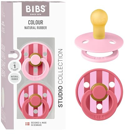 BIBS Pacifiers - Colour Studio 2 Pack | Round Nipple Baby Pacifier | BPA Free Natural Rubber Latex Soother | Made in Denmark | Size 0+ Months | Block Baby Pink Coral