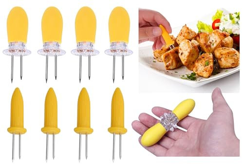 12 soportes para mazorcas de maíz – Tenedores de maíz de diseño surtido, pinchos de mazorca de maíz de acero inoxidable amarillo, tenedores entrelazados seguros para barbacoa, fiestas, picnics,