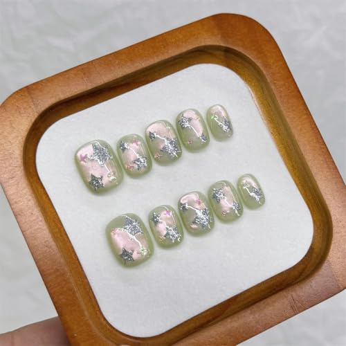 Uñas postizas cortas cuadradas hechas a mano con bonitas estrellas, decoración de uñas brillantes de ojo de gato para mujeres y niñas, 10 unidades (A79-M)