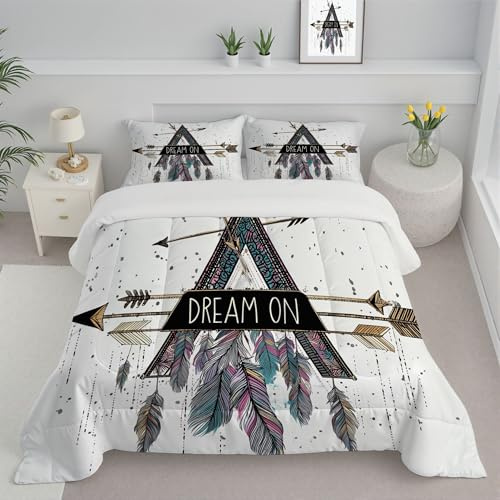 DLERFLOVR Edredón Relleno Nórdico Cama 180 Nórdico 4 Estaciones Estampado Flechas Y Plumas Edredón Ilustración De Triángulo Suave y Ligero con Fundas 230x260cm, Blanco