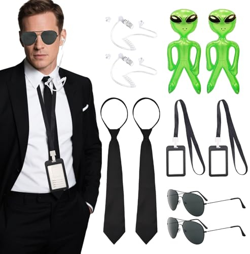 EUPSIIU 12 Pezzi Agente Costume Accessori,Costume da Spia,Men in Black Costume con Occhiali da Sole Cravatta Puntelli Gonfiabili Alieni D'identità Falso Auricolare per Carnevale Cosplay (Nero)