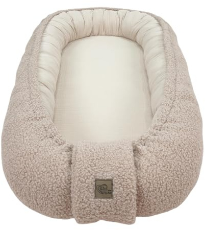 WIKLINOPOL Babynest, Nestchen für Neugeborene – Baby Nestchen 80x46 cm in Beige, Tragbares Nest aus Musselin & kuscheligem Teddy-Plüsch - Baby Nest für Neugeborene mit herausnehmbarer Matratze
