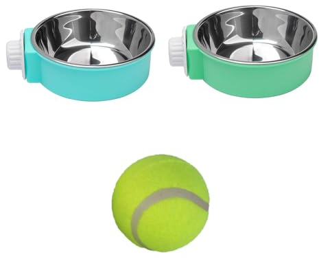 Lot de 2 gamelles amovibles à suspendre pour cage de chien, 2 en 1, bols de nourriture et d'eau avec 1 balle de tennis pour petits animaux