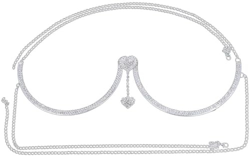 BESPORTBLE Cadena de Sujetador Colgante de Corazón de Aleación en Plata, Cadena de Pecho Gemas de Imitación para Fiestas y Discotecas