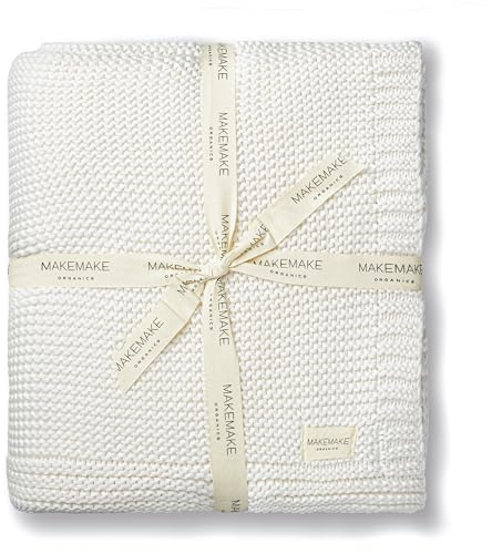 Makemake Organics Organic Cotton Throw Blanket GOTS Certified Organic Knit Blanket Couch Bed Neutral Fall Colors Soft Cotton Throw Blanket Large (50x60, Ivory)