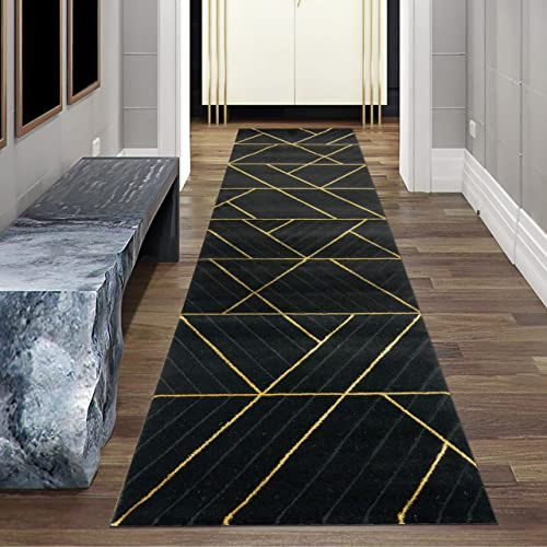 Teppich-Traum Modern designer vardagsrumsmatta geometriskt mönster svart guld bredd 80 x 300 cm