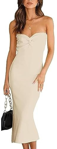 WFHFNJW Women Sexy Twist Knot Front Ribbed Knit Bodycon Bandeau Tube Dress Casual Solid Strapless Maxi Long Dress (M US Women, Apricot)