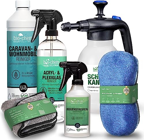bio-chem Caravan Außen-Pflege Set 6-teilig | 1L Caravan-Reiniger + 1x 750ml Regenstreifen-Entferner 1x 750ml Acryl- und Plexiglasreiniger + Zubehör | für Wohnmobil, Wohnwagen