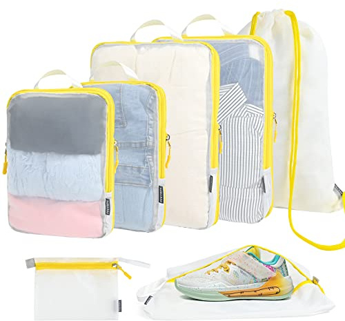 PFEYRPK Premium Compression Packing Cubes with See Through Mesh for Suitcases, Expandable Travel Packing Organizers with Shoe bag, Backpack,Cable Bag 7 Set.