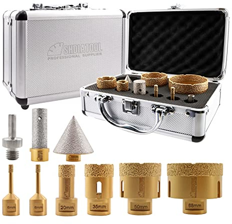 SHDIATOOL Forets Diamantés Secs M14 (6/6/20/35/50/68mm) - Mèches à Doigts Diamantées 20mm, Mèches à Chanfrein Diamantées 50mm, Adaptateur Tige Triangulaire pour Carreaux de Porcelaine, Céramique