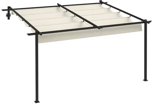 Outsunny Pérgola de Pared 4x3 m Cenador de Jardín con Techo Retráctil de Poliéster y Marco de Acero para Celebraciones Fiestas Bodas Crema y Gris Oscuro