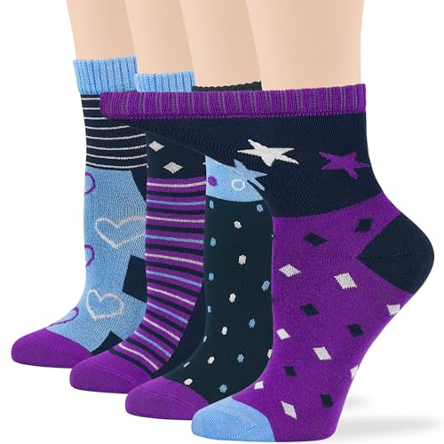7BigStars Women Viscose from Bamboo Diabetic Socks - 4 Pack Seamless Quarter Length, Extra Wide Fit, Fun Star Dot Stripe Heart Patterns for Sensitive Feet, Soft Breathable Fashion Comfort