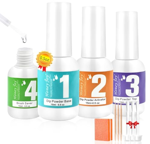 Honey Joy Dip Powder Liquid Set - 4pcs with Activator, Base Coat, Top Coat, and Brush Saver 15ml/0.5Fl.oz for Home DIY Salon Art