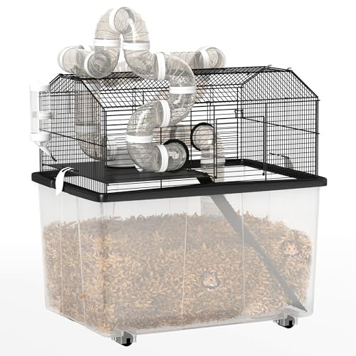 PawHut Large Hamster Cage with 12 Deep Tray, 2 Tier Gerbil Cage with Tube System, Water Bottle, Ramp, Feeding Bowl, 23 x 17 x 22, Black